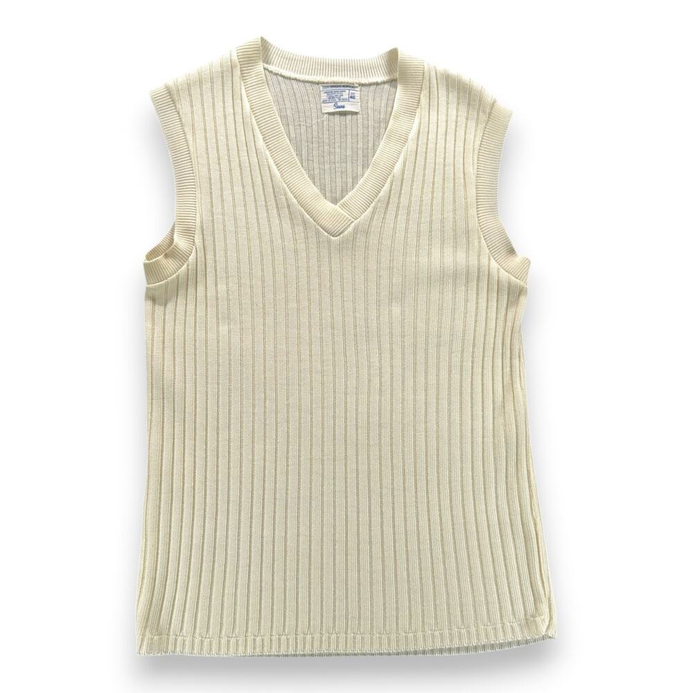 Vintage Sears Sweater Vest Adult XS White Acrylic Knit Ribbed V Neck USA 70s